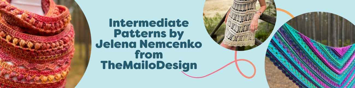 Collection image of intermediate crochet patterns by Jelena Nemcenko (TheMailoDesign) for Hobbii, featuring scarves, shawls, and dresses in modern textures.