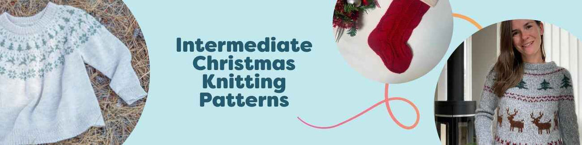 Intermediate Christmas knitting patterns from Hobbii: festive sweaters, stockings, hats, and home decor in red, green, and cream yarns.