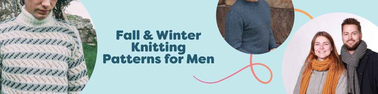 Men's fall and winter knitting patterns: cozy sweaters, scarves, and hats in warm yarns, modeled in a seasonal outdoor setting.