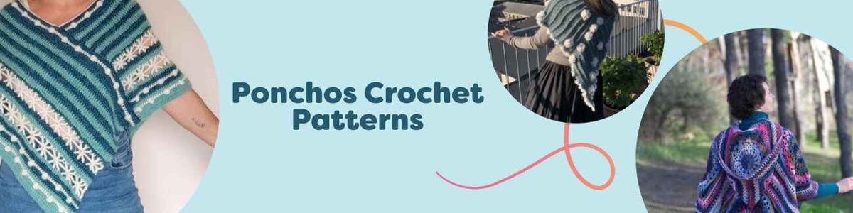 Collage of free crochet poncho patterns from Hobbii, featuring adult and kids styles in various colors and textures.