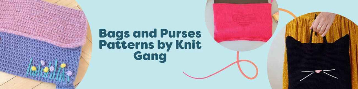 Crochet bag and purse patterns by Knit Gang: tote bags, a laptop sleeve, and a backpack styled with Hobbii yarn on a neutral backdrop.