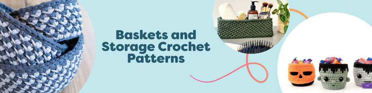 Assorted crochet baskets and storage bins in various sizes and colors, some with handles and stripes, arranged on shelves with Hobbii yarn nearby.