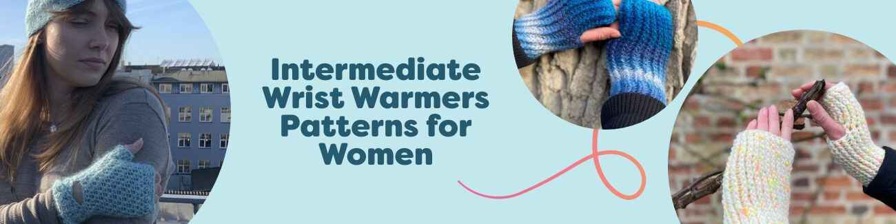 Collection of free intermediate women's wrist warmer patterns in knit and crochet, featuring textured stitches and tweed looks, photographed in neutral tones.