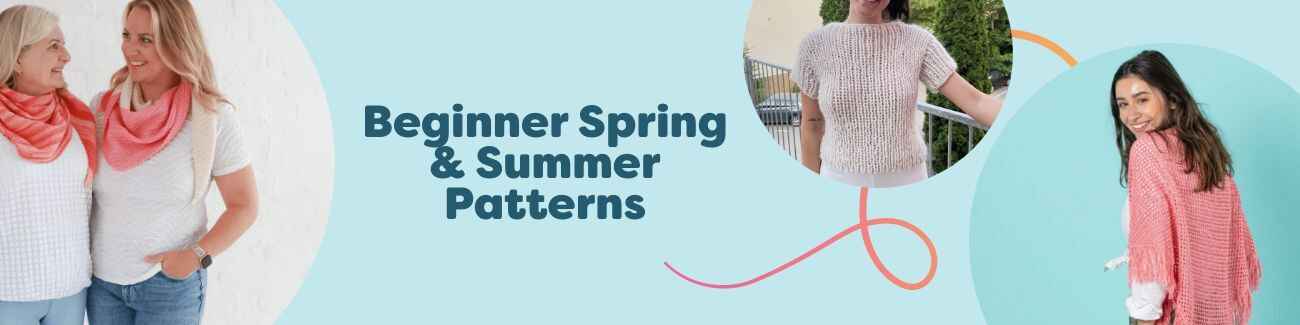 Collage of beginner-friendly spring and summer knitting and crochet projects—shawl, lightweight jumper, tank, and hat—made with Hobbii yarn.