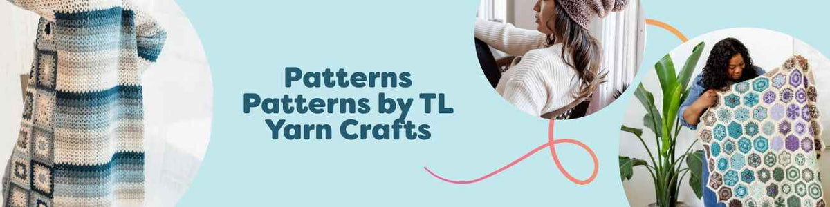 TL Yarn Crafts crochet collection at Hobbii with beanies, cardigans, lapghans, kerchiefs, and tea towels for intermediate makers.