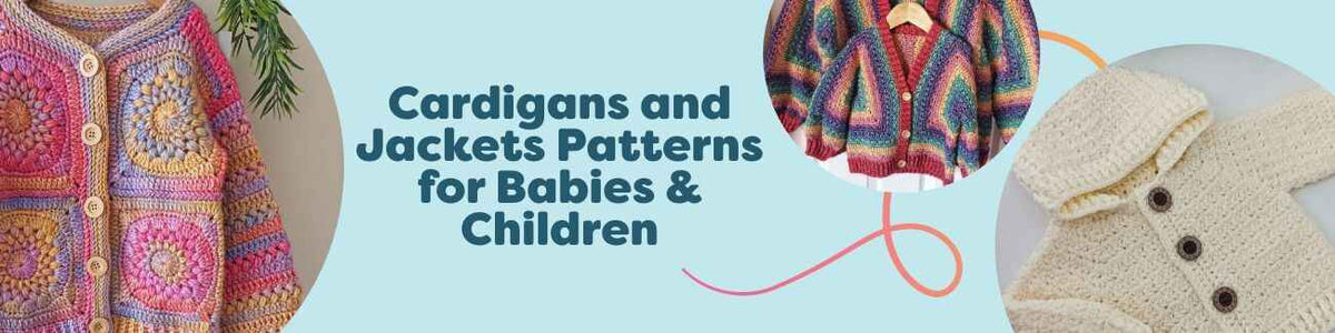 Assorted baby and kids cardigans and jackets in crochet and knit, including hexagon and grandpa cardigans and a hoodie, styled in soft child-friendly colors.