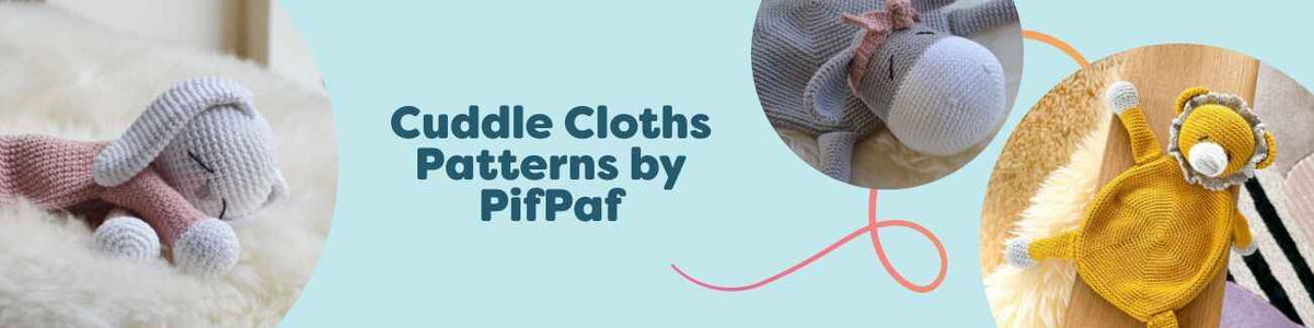 PifPaf animal cuddle cloth crochet patterns: bunny, donkey, lion, unicorn, and giraffe baby comforter loveys.