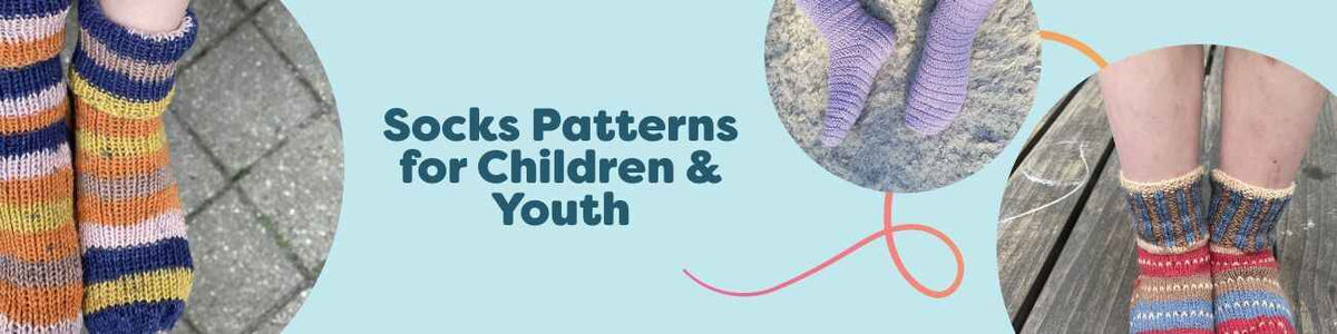 Collection image of children’s and youth handmade socks in bright colors, featuring knit designs and intermediate crochet patterns from Hobbii, shown with matching yarn and tools.