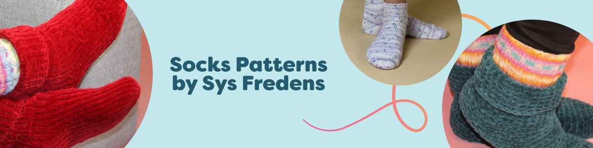 Assorted knitted and crocheted sock patterns by Sys Fredens from Hobbii, including sofa socks, children's socks, and textured designs in soft yarn.