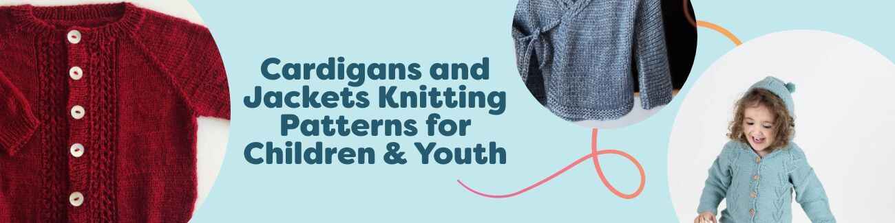Children and youth wearing hand-knit cardigans and jackets in varied colors and textures, showcasing Hobbii patterns for baby to teen.