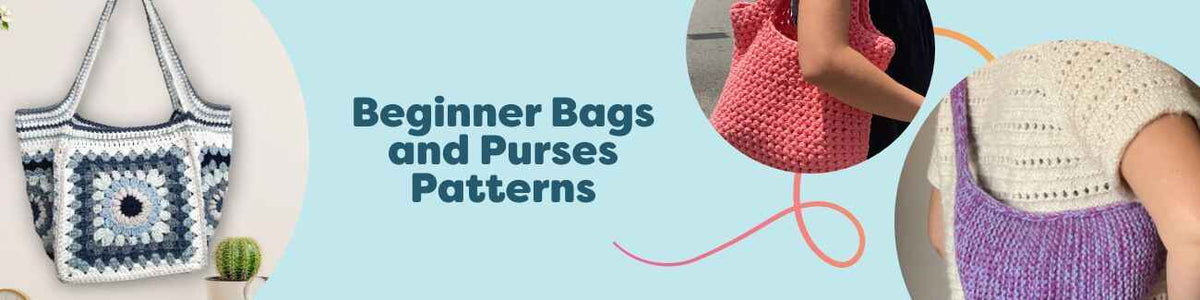 Selection of beginner-friendly handmade bags and purses in various styles and colors, displayed with Hobbii yarn skeins and crafting tools.