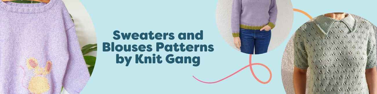 Assorted Knit Gang sweater, blouse, and tee patterns from Hobbii, featuring adult and kids sizes in varied stitches and colors.