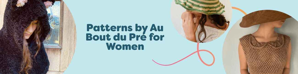 Selection of Au Bout du Pré women's crochet and knitting patterns by Hobbii, featuring a hooded cape, hat, scarf, headband, and tunic.