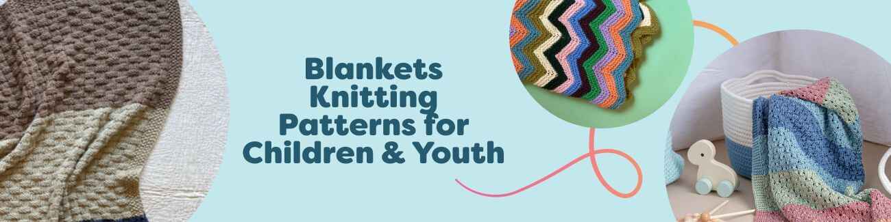 Collage of three free blanket knitting patterns for babies, children, and youth from Hobbii—textured baby blanket, swaddle, and child-size throw in soft pastels.