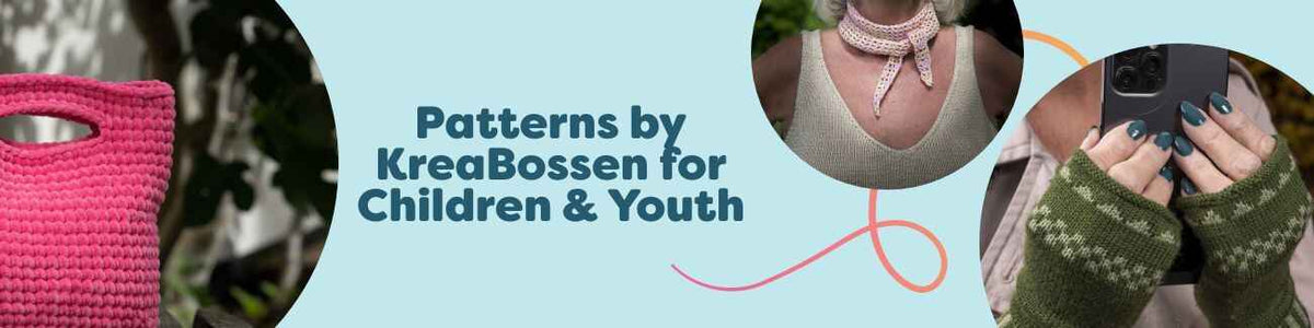 KreaBossen kids and youth patterns shown: mittens, scarf, bags, and a child’s sweater styled with Hobbii yarn for knit and crochet makers.