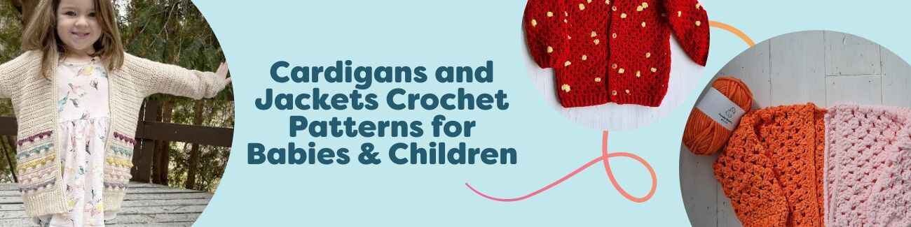 Free crochet cardigans and jackets for babies and children in bright colors, featuring Rainbow, Strawberry, Bubblegum, Coral, and Hexi Honey Bunny by Hobbii.