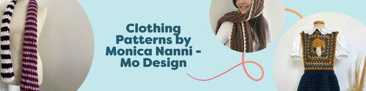 Collection of free knit and crochet clothing patterns by Monica Nanni (Mo Design) at Hobbii: Hyacinth and Vienna scarves, Birch beanie, Lover socks, Tiggy kids dress.