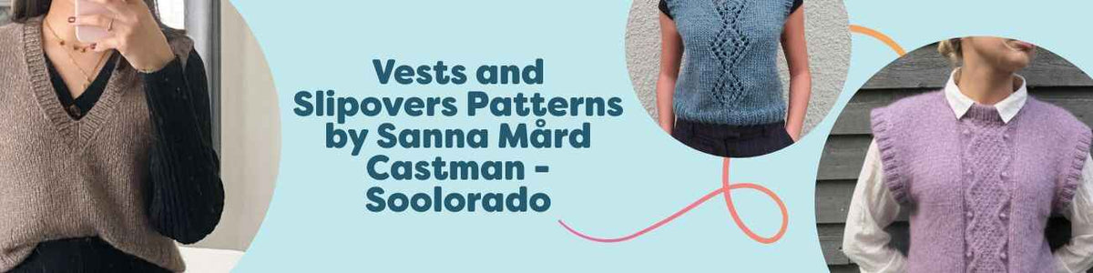 Models wearing knitted vests and slipovers by Sanna Mård Castman (Soolorado) from Hobbii, including adult and children's sizes in cozy textures.