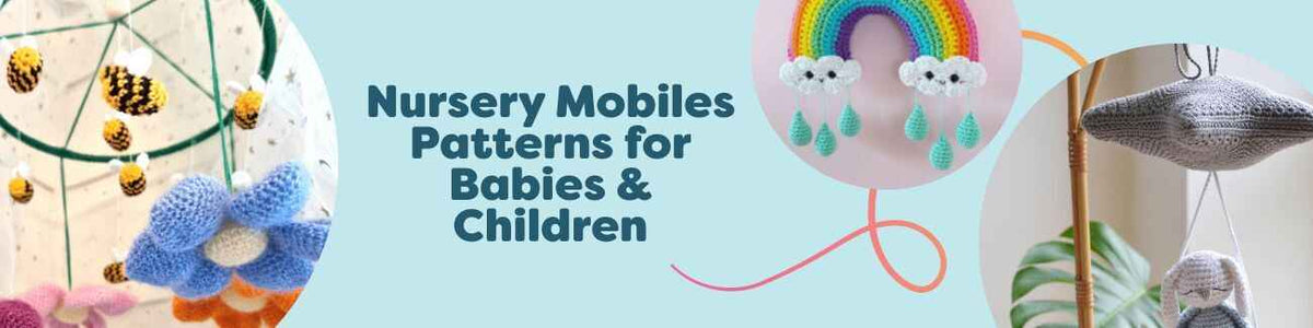Assorted crochet nursery mobiles for babies and children: rainbow, flowers, dinosaur, hearts, and starry supernova, made with soft yarn from Hobbii.