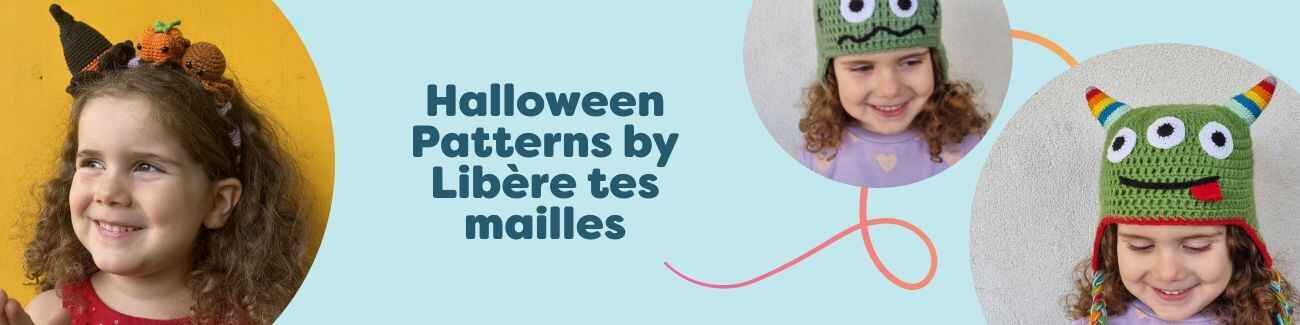 Collage of Halloween-themed crochet patterns by Libère tes mailles, featuring four hats and a headband in seasonal colors, presented by Hobbii.