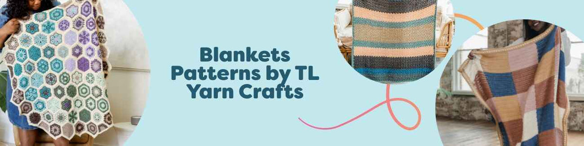 Grid of five TL Yarn Crafts blanket crochet patterns from Hobbii, featuring baby blankets, a motif lapghan, and modern afghans in soft yarns.
