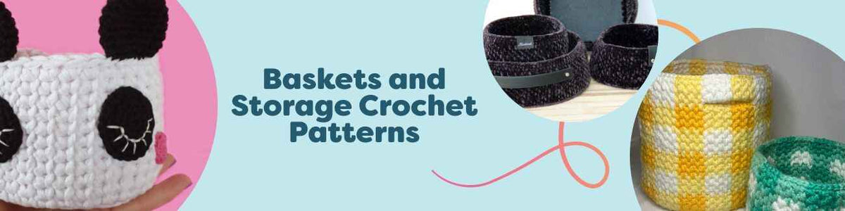 Crocheted storage baskets in various sizes and colors: round and set baskets, kawaii animal bins, and leather/PU-base organizers from Hobbii.