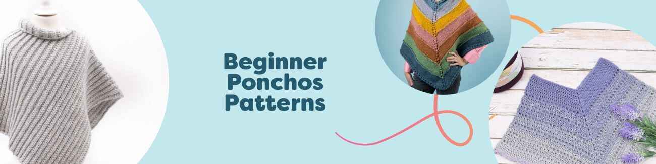 Assortment of free beginner poncho patterns from Hobbii shown on models and flat lays, with knitted and crocheted styles in various yarn colors.