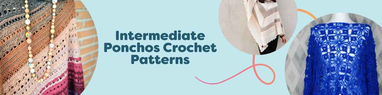 Assorted intermediate crochet poncho patterns by Hobbii in neutral and blush tones, featuring textured stitches, cables, and airy lace.