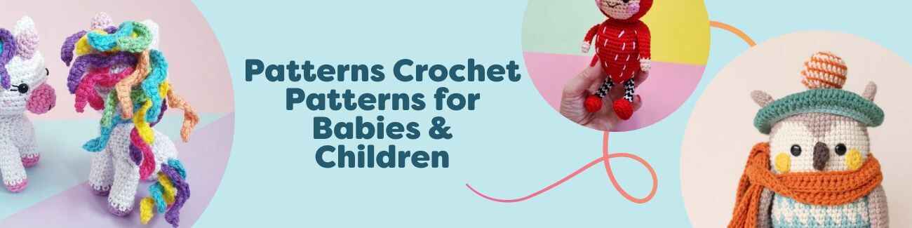 Collage of baby blankets, booties, hats, amigurumi toys, and a strawberry dress crocheted in soft pastels—free patterns for babies and children from Hobbii.