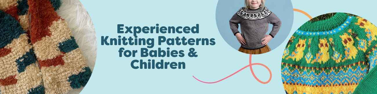 Collection of experienced-level knitting patterns for babies and children, featuring a panda sweater, owl sweater, child’s vest, baby blanket, and Christmas stocking.