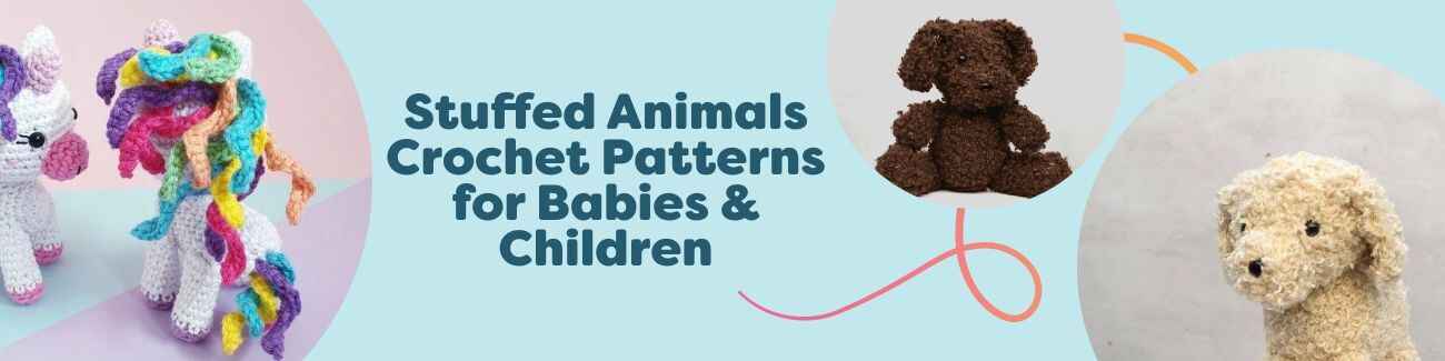 Assorted free stuffed animal crochet patterns from Hobbii, featuring a baby unicorn, cavapoo, doodle dog, pug, and frog toys for babies and kids.