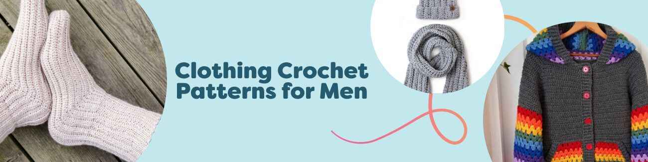 Men’s crochet clothing patterns displayed: hoodie, beanie, scarf, and socks made with Hobbii yarn in neutral tones.