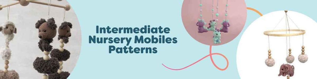 Assortment of intermediate crochet nursery mobile patterns by Hobbii featuring dinosaur, elephant, teddy head and heart motifs hanging on hoops.