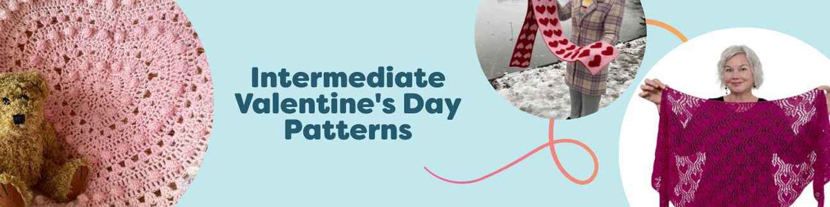 Hobbii Intermediate Valentine's Day patterns shown: heart blanket, scarf, shawl, women's socks, and a swan toy in pink and red yarns.
