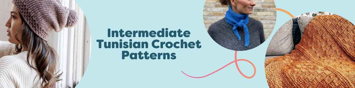 Selection of intermediate Tunisian crochet patterns—beanie, scarf, shawl, wrist warmers, and blanket—made with Hobbii yarn.