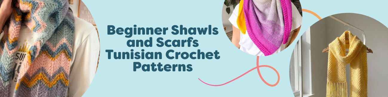 Selection of beginner-friendly Tunisian crochet shawls and scarves in soft yarns, showing simple stitches and textures, styled for Hobbii.