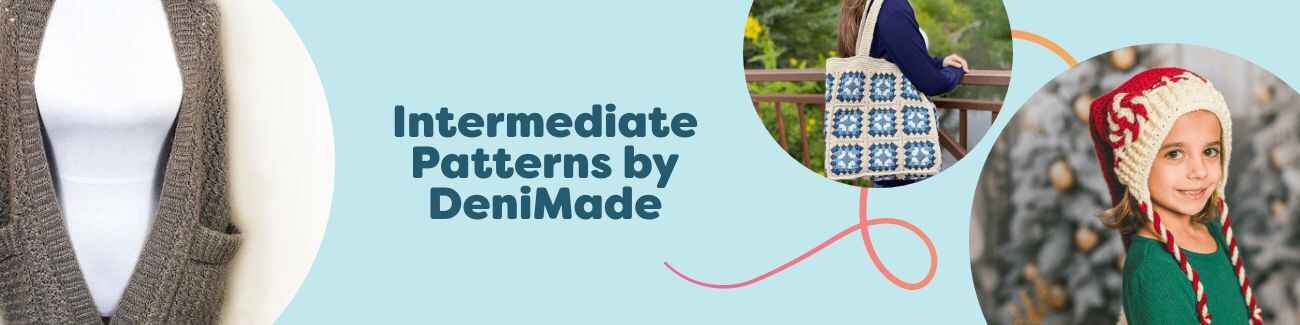 Group image of DeniMade intermediate crochet patterns—pocket shawl, tote, holiday hat, cardigan, and sweater—available at Hobbii.