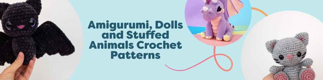 A grid of colorful amigurumi—bats, dragons, kittens, and a whale shark—showcasing crochet dolls and stuffed animal patterns from Hobbii.