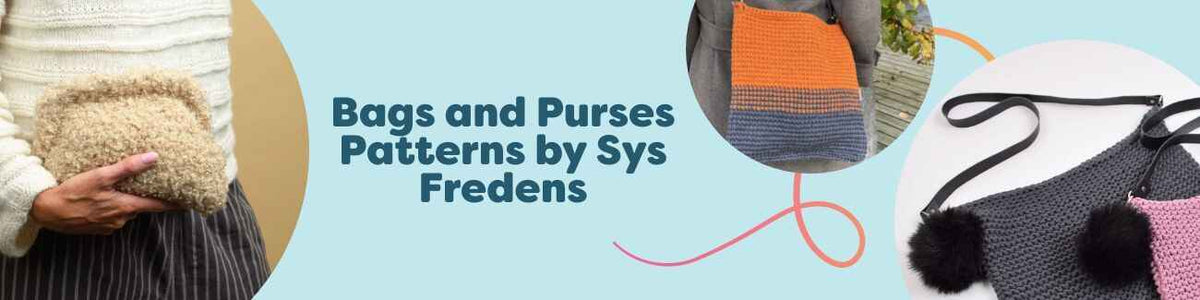 A selection of handmade knit and crochet bags and purses—clutch, tote, and shoulder styles—designed by Sys Fredens with Hobbii yarns.