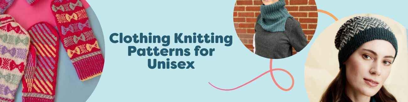Selection of free unisex clothing knitting patterns from Hobbii, featuring a beanie, scarf, cowl, mittens, and Norwegian-style socks in neutral tones.
