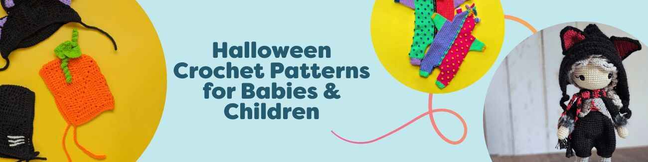 Collage of free Halloween crochet patterns for babies and children from Hobbii: baby bonnets, monster romper, bat and mummy bear toys, plus a wolf girl and spider.