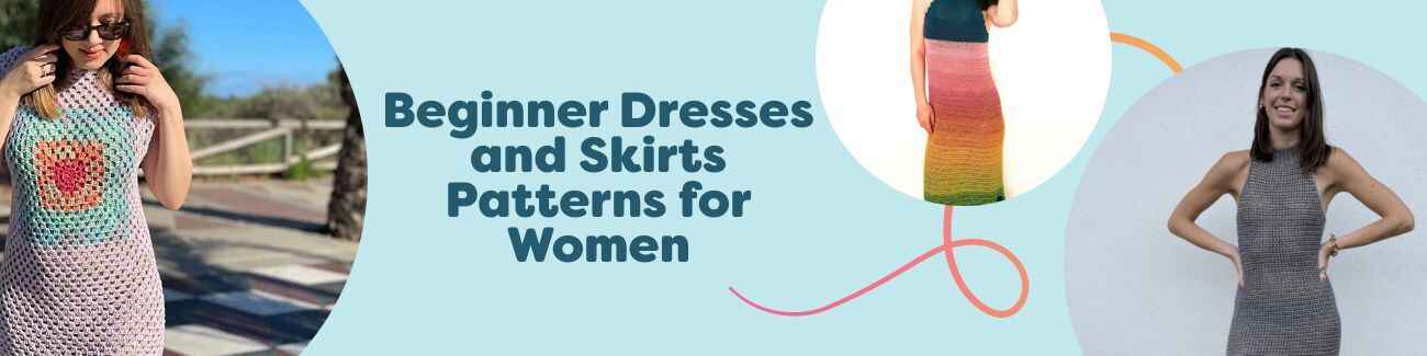 Free beginner women’s dress and skirt knitting and crochet patterns by Hobbii, showing varied styles and lengths with yarn recommendations.