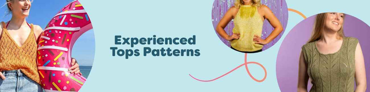 Hobbii collection of intermediate crochet and knit top patterns in sleeveless, short-sleeve, and summer styles.
