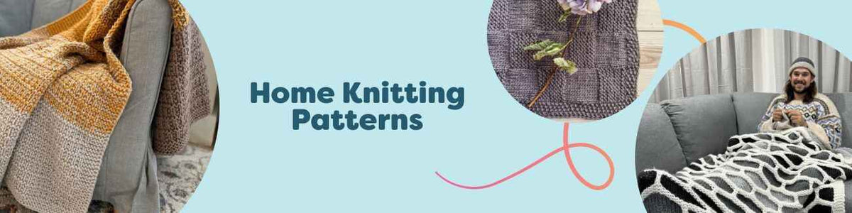 Home knitting patterns by Hobbii displayed on a sofa: a textured blanket, geometric throw, and knitted pillow in soft neutrals with yarn and needles.