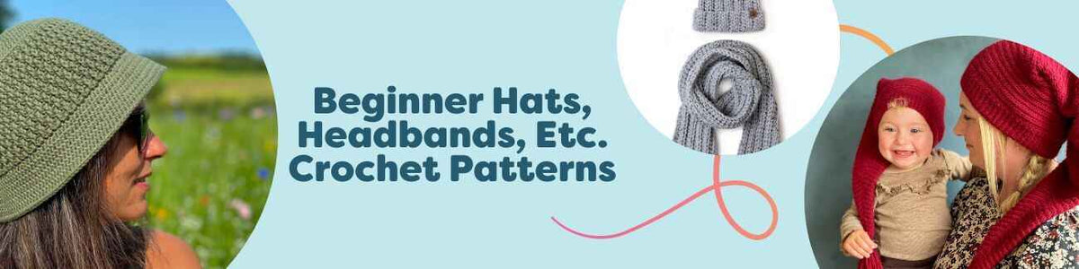 Beginner crochet hats, headbands, bucket hats, fisherman beanies, and scarf sets made with Hobbii yarn for kids to adults.