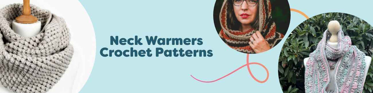 Collage of crocheted neck warmers—cowls, snoods, and infinity scarves—in varied textures and yarn weights from Hobbii, styled for cozy layering.