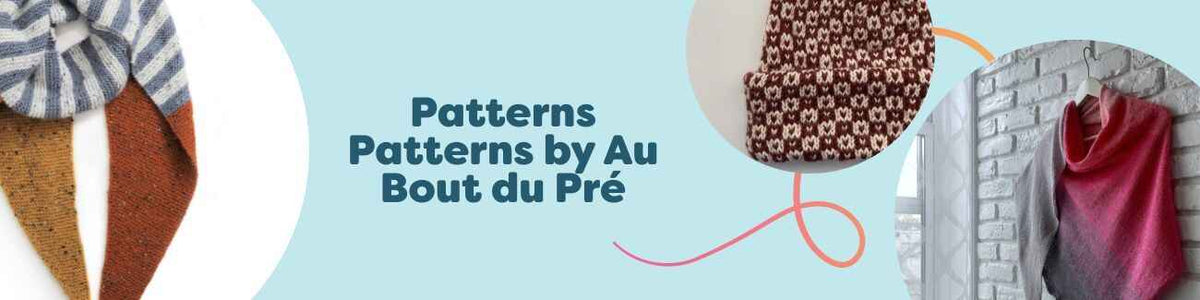 Assortment of free knit and crochet patterns by Au Bout du Pré from Hobbii, featuring scarves, beanies, shawls, and bags in cozy yarns.
