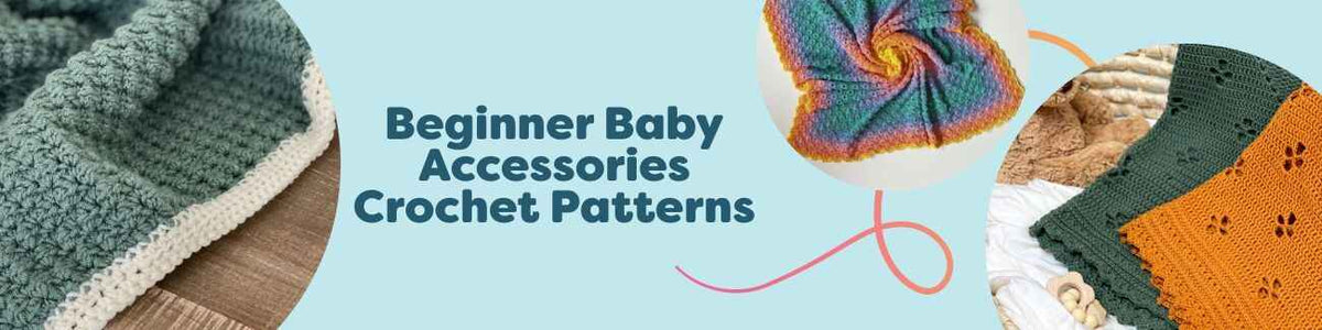 Flat lay of baby crochet accessories from Hobbii: beginner-friendly blankets, hats, booties, and bibs in soft pastel yarns.