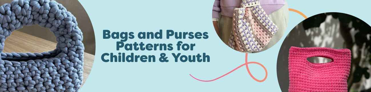 Assorted kids’ and teens’ crochet and knit bags and purses in bright yarn colors, including mini handbags, totes, and cute motifs by Hobbii.