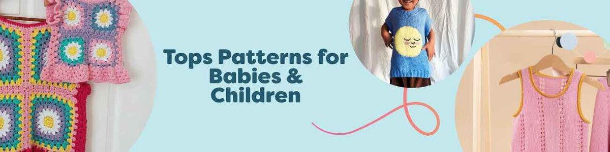 Assortment of knit and crochet top patterns for babies and children from Hobbii, featuring tees and peplum styles in soft colors.